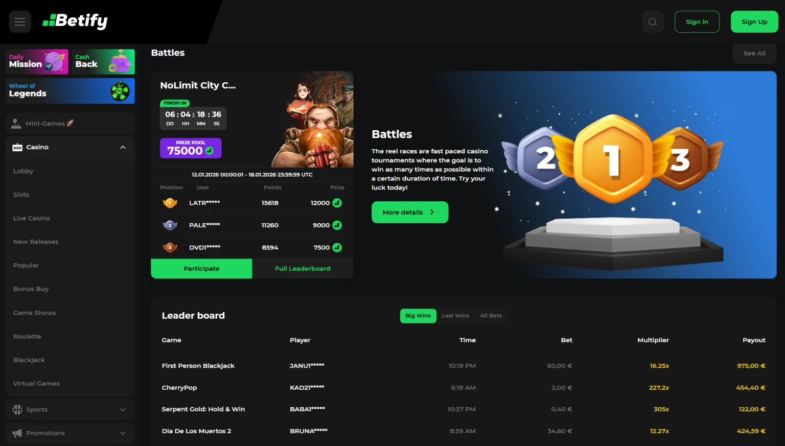 Activation d’un bonus dans l’espace promotions Betify